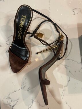 Tom Ford Brown Suede Ankle-Tie Stiletto Sandals with Gold Accents
